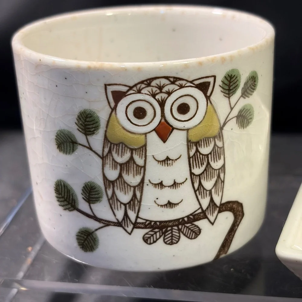 Vintage Speckled Ceramic Owl Tea Cup and Square Saucer Set Cream Brown